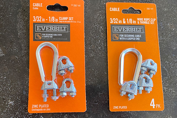 wire rope clip and thimble to secure wire between two trees for bird feeders