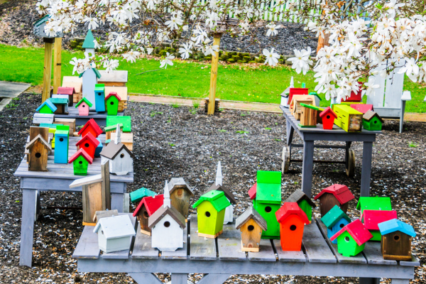 many colorful birdhouses in a yard